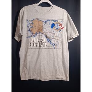 Vintage 90s Alaskan Highway Textured Map Graphic Souvenir T‑Shirt Gray Fits Like